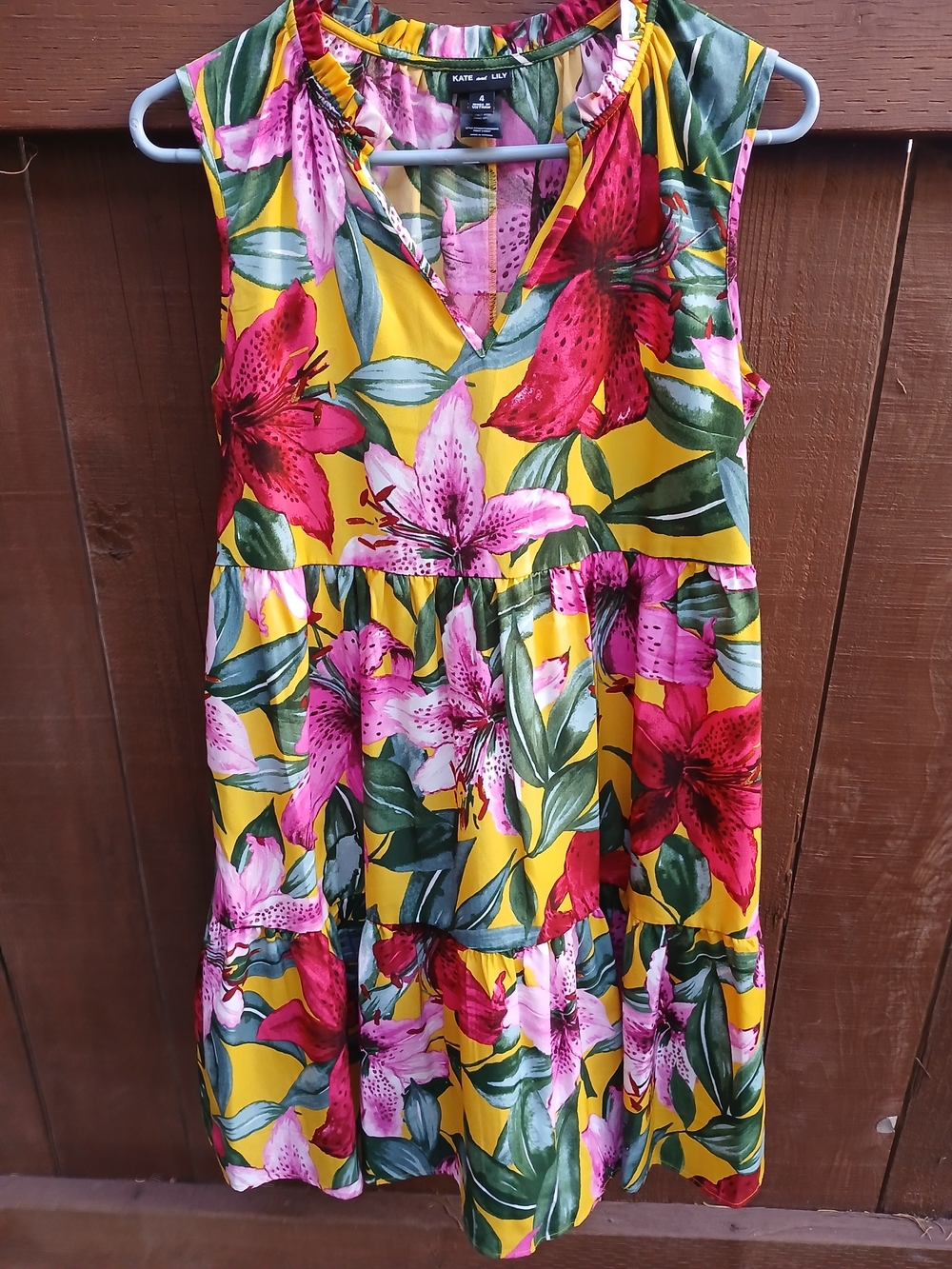 Kate & Lily Vibrant Tropical Lily Floral Tiered Babydoll Mini Dress - Size 4